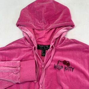 Hello Kitty Forever 21‎ Pink Velour Cropped Zip Up Hoodie Medium Sweatshirt Y2K